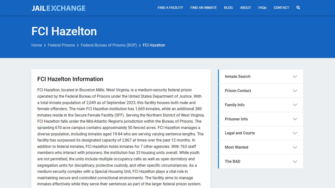 Federal Inmate Search - FCI Hazelton - Jail Exchange