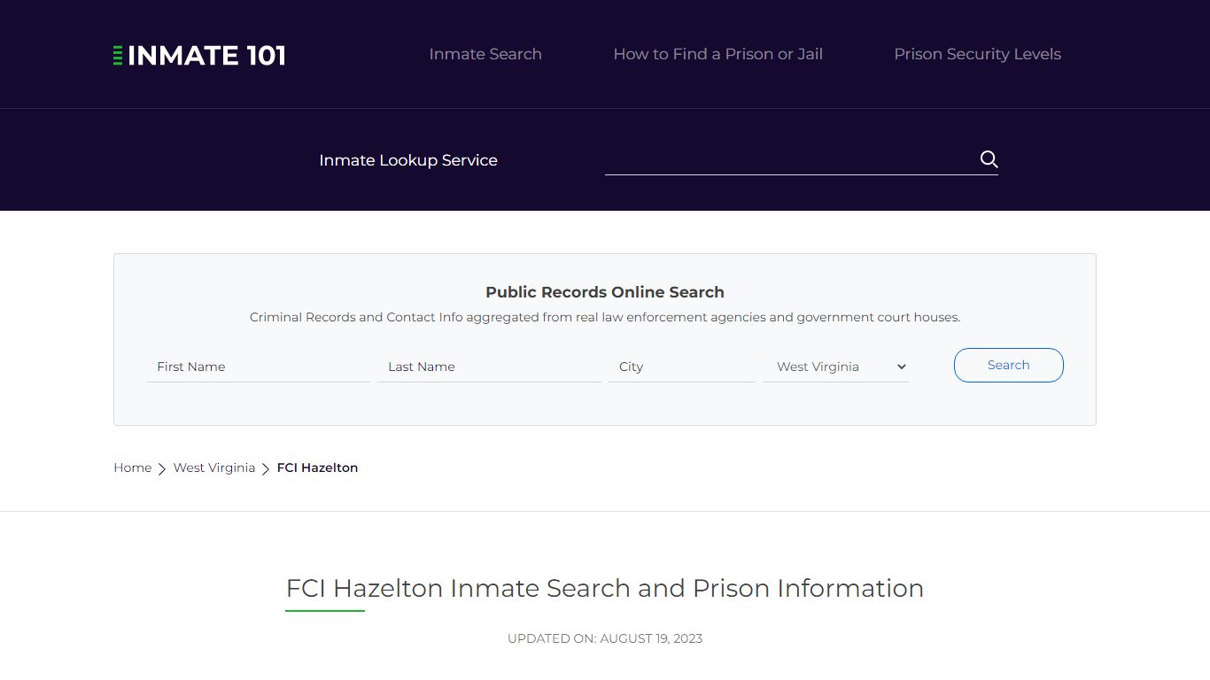 FCI Hazelton Inmate Search | Lookup | Roster